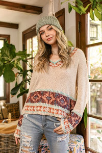 Aztec Western V Neck Pullover Cream Sweater